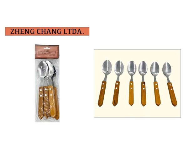 Set de 6 Cucharas Acero Inoxidable Cubiertos Mango Madera (x12)