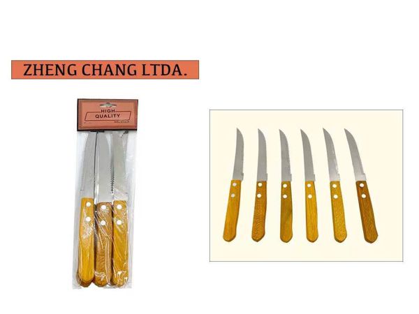 Set de 6 Cuchillos Acero Inoxidable Cubiertos Mango Madera (x12)